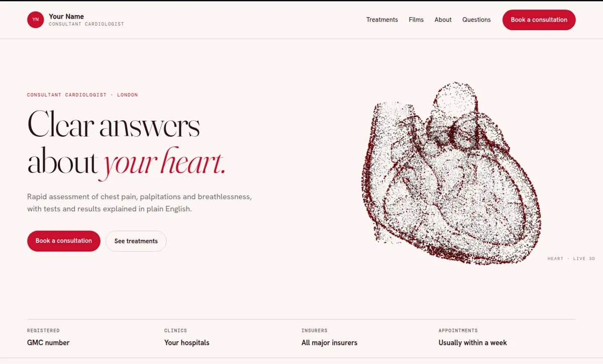 Cardiology template, opening screen