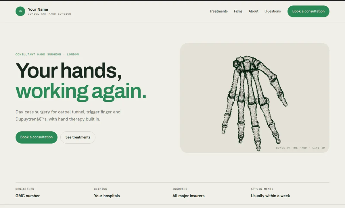 Hand & wrist template, opening screen