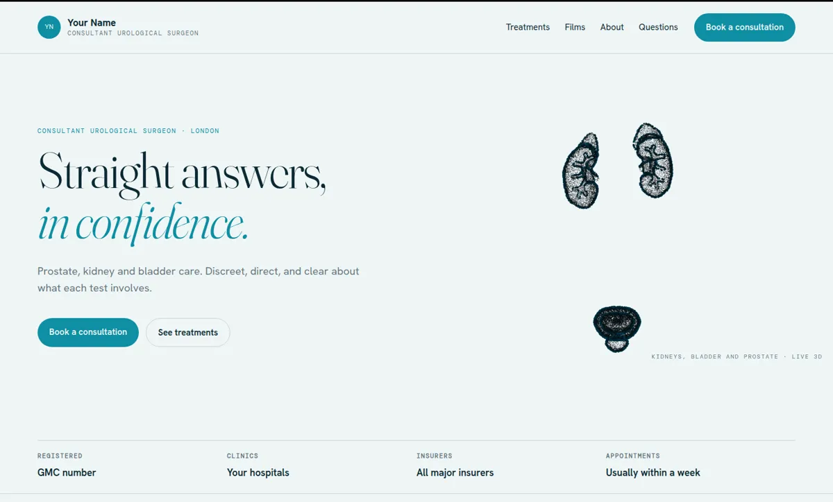 Urology template, opening screen