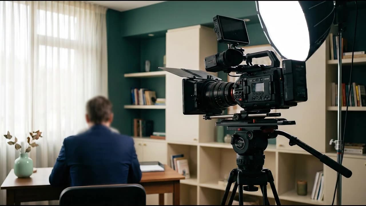 A cinema camera set up in a consultation room.