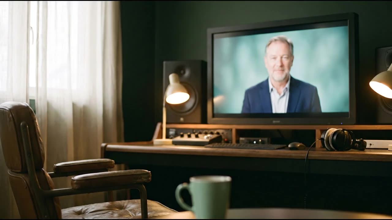 An AI-generated presenter on a monitor. Not a real person.