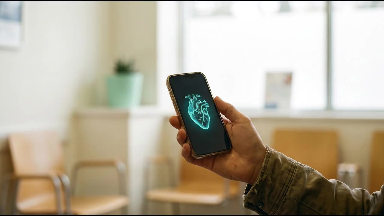 A phone in a waiting room playing a vertical clip.