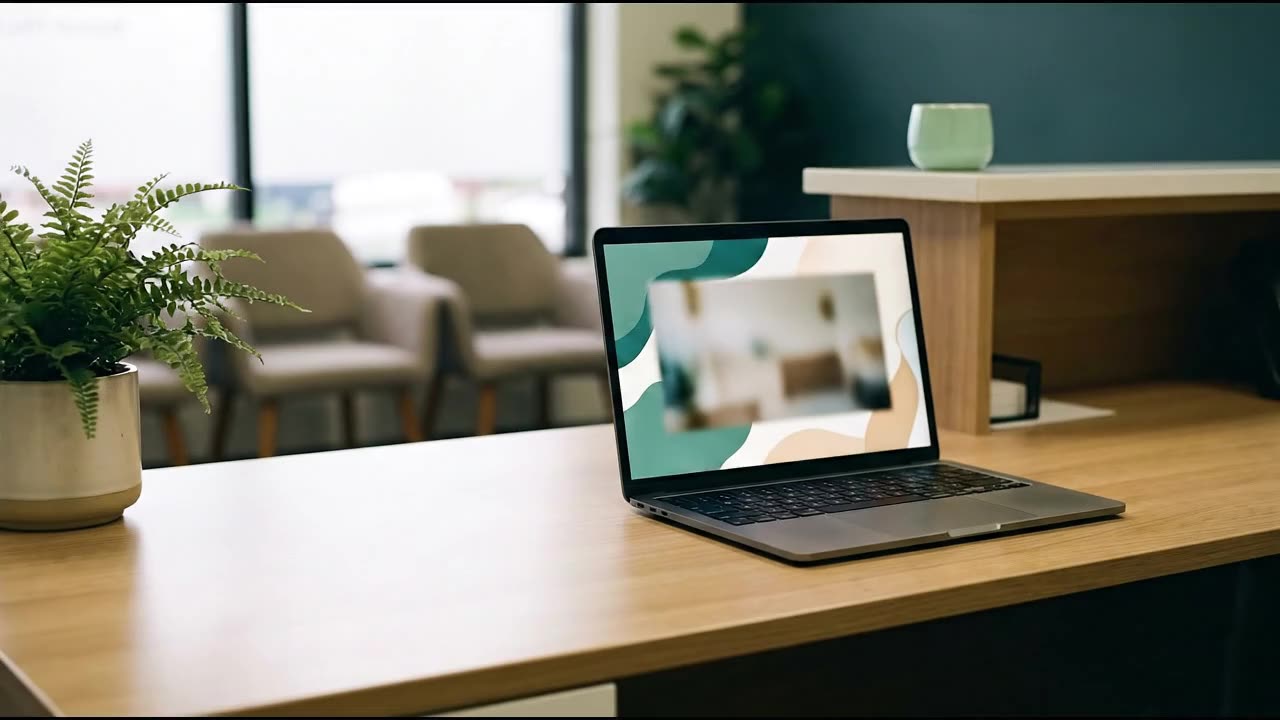 A laptop on a clinic reception desk showing an abstract website.