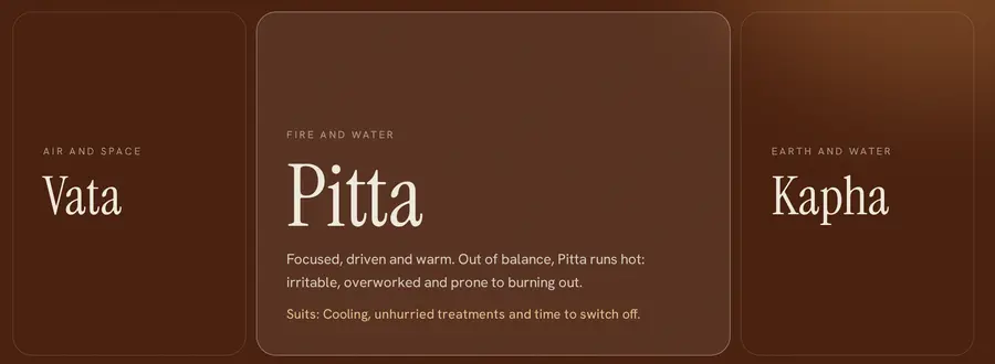 The three dosha cards on the Arogya Studio site: Vata, Pitta and Kapha