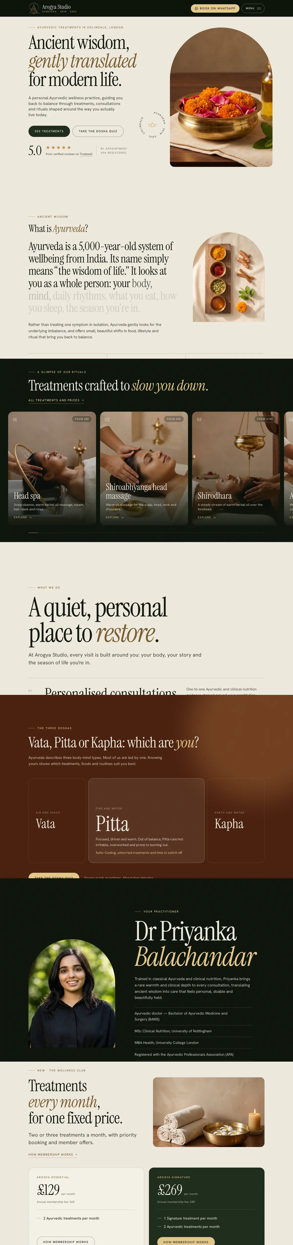 Arogya Studio home page, top to bottom: the hero, What is Ayurveda, the treatment cards, the three doshas, Dr Priyanka and membership