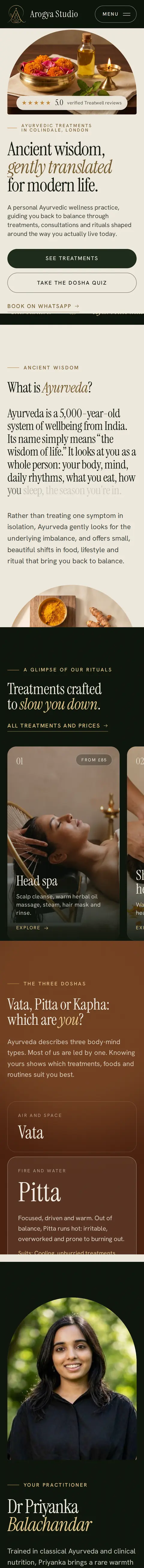 Arogya Studio on a phone: hero, Ayurveda, treatments, doshas and practitioner