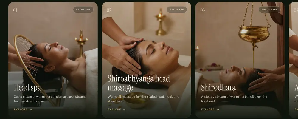 Treatment cards from the Arogya Studio site: head spa, Shiroabhyanga head massage and Shirodhara, each with its starting price