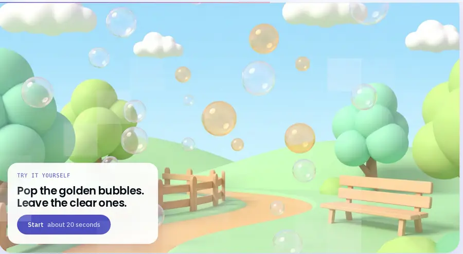 The HalaraXR attention activity on the Cogniverse website: pop the golden bubbles in a park, marked as a concept visual