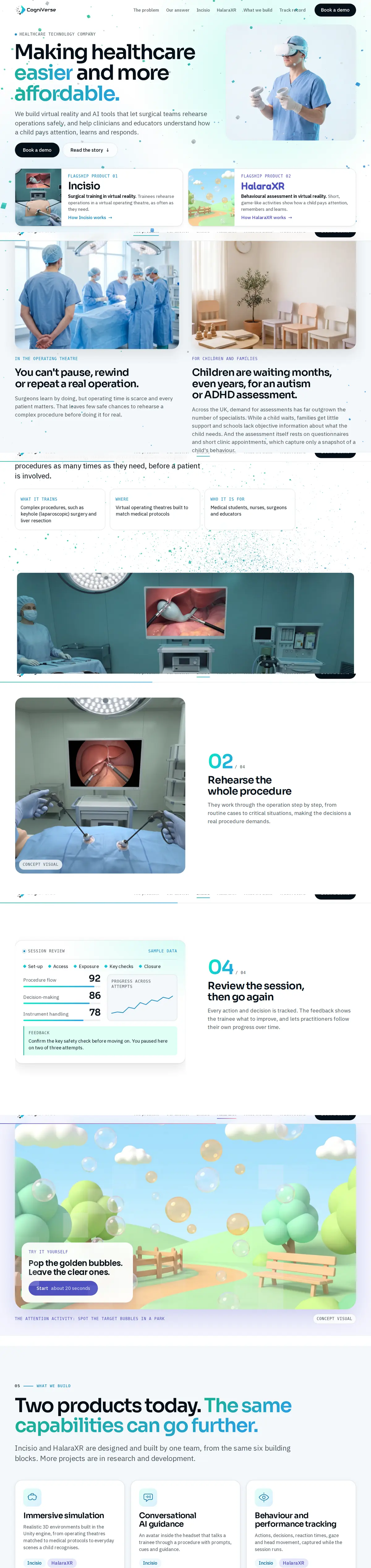 The Cogniverse website, top to bottom: the hero, the problem, Incisio, rehearsing a procedure, the session review, the HalaraXR activity and what the team builds